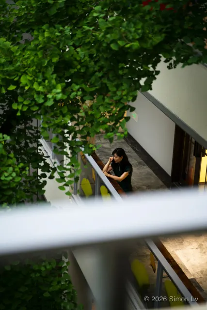 杭州庭院楼梯旁被树叶遮住的人影